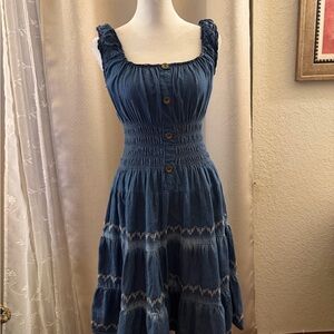 Lapis Blue Smocked Tiered Cowgirl Midi Dress